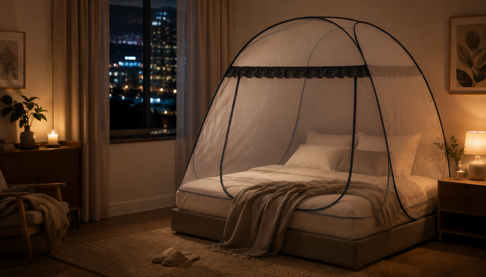 Bed with canopy in a bedroom at night, city lights visible through window
